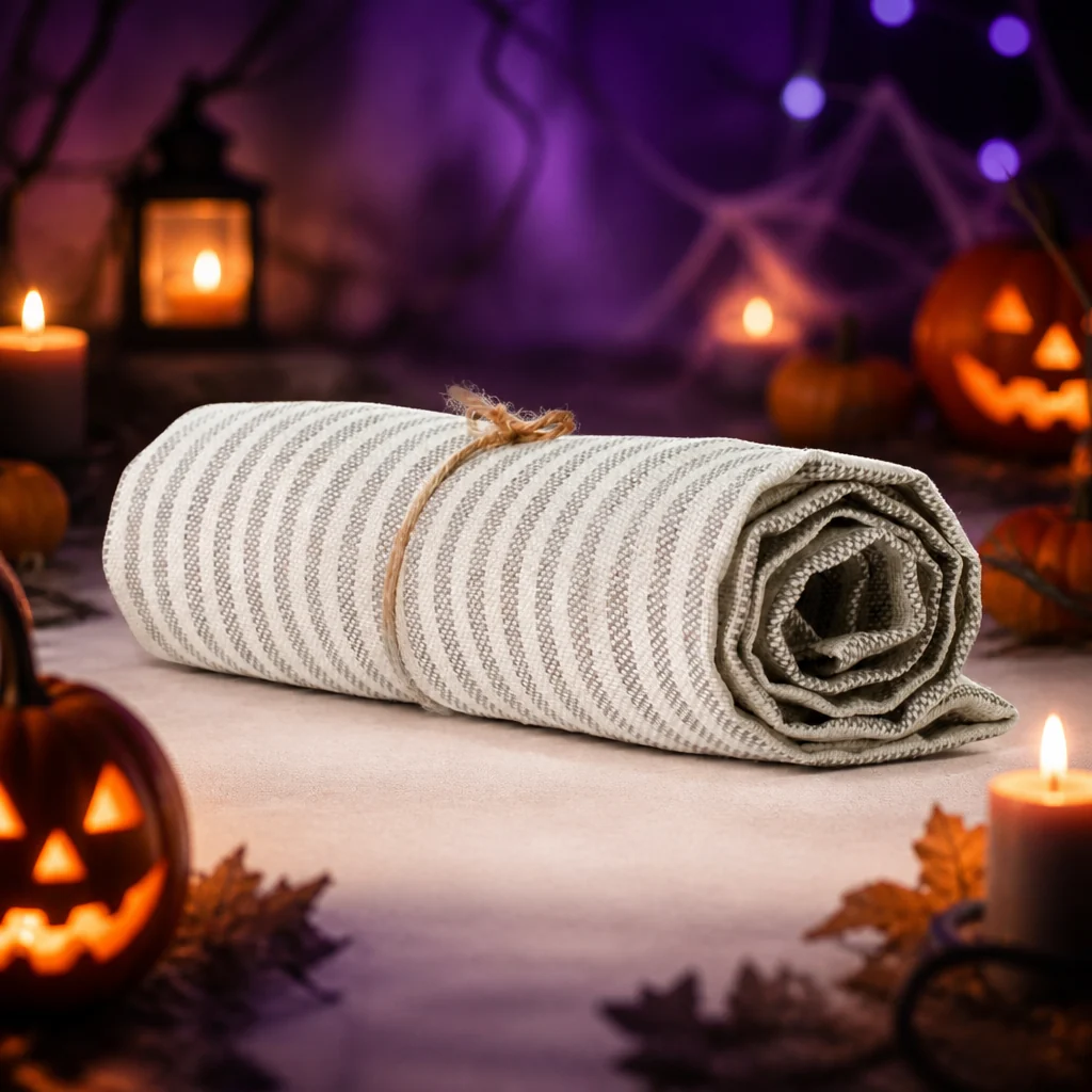 The same rolled towel regenerated by StyleBig into a Halloween scene with carved pumpkins and lantern light