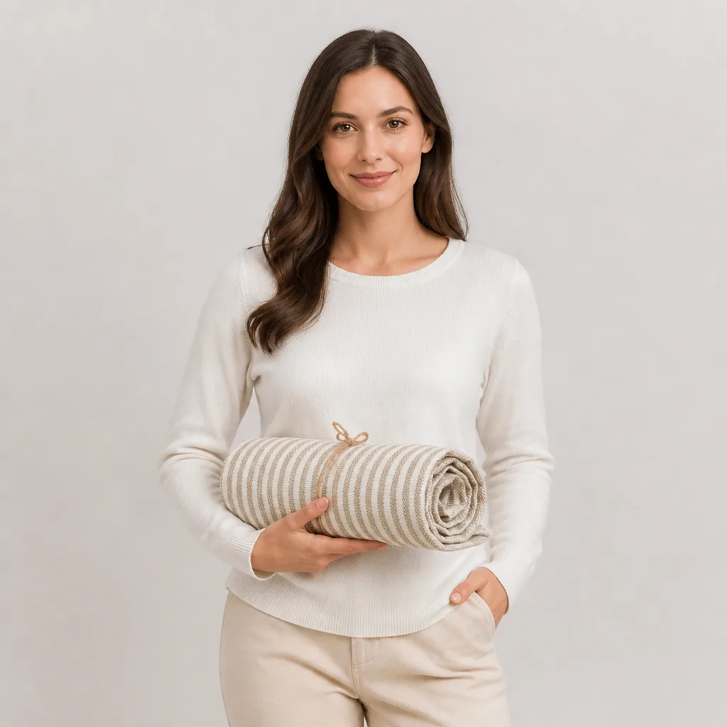 The same rolled towel regenerated by StyleBig, held by a model against a studio backdrop