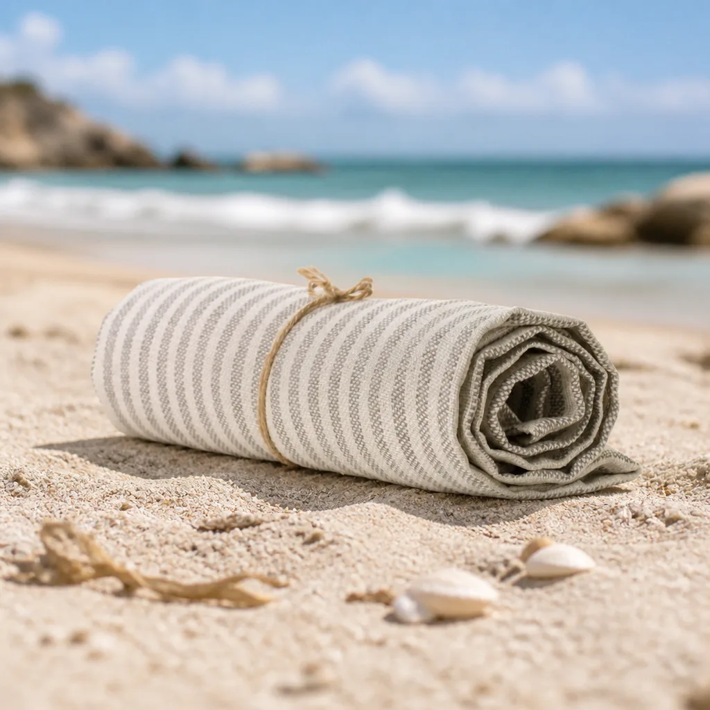 The same rolled towel regenerated by StyleBig onto sand at a coastal beach